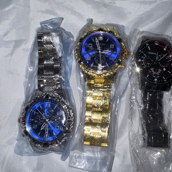 6 Geneva Luxury Watches, Mens Chronograph Gold Silver Blue White Gift New main image 4